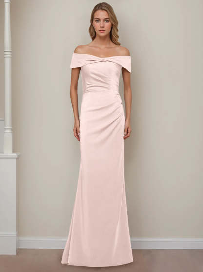 Off-the-Shoulder Short Sleeve Floor-Length Mother of the Bride Dress with Ruffles in Sheath/Column Style-BMbridal