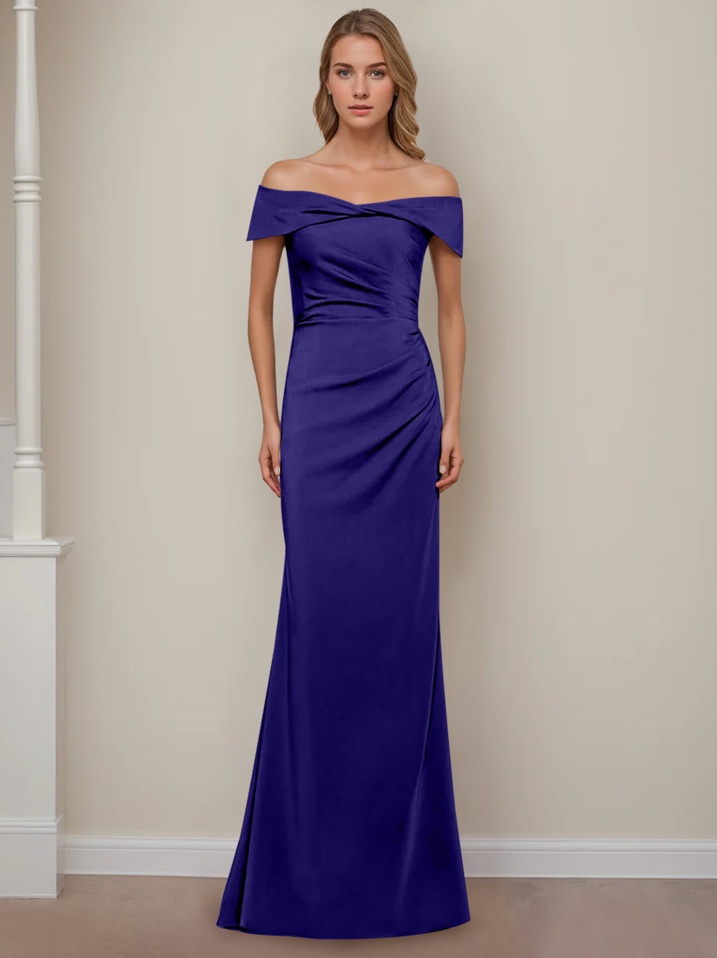 Off-the-Shoulder Short Sleeve Floor-Length Mother of the Bride Dress with Ruffles in Sheath/Column Style-BMbridal