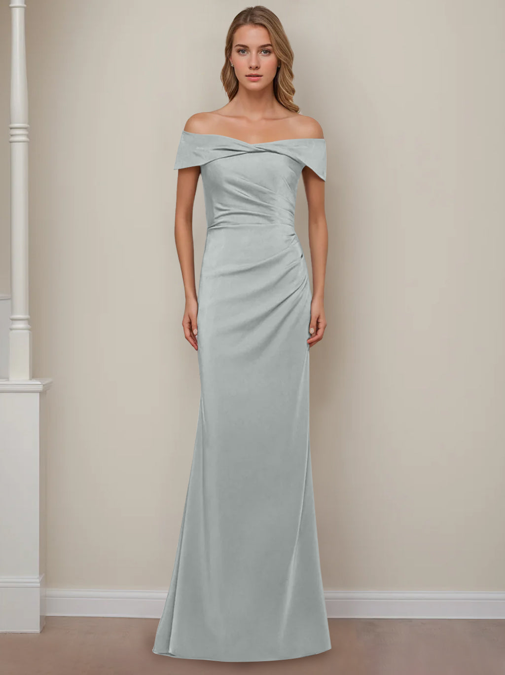 Off-the-Shoulder Short Sleeve Floor-Length Mother of the Bride Dress with Ruffles in Sheath/Column Style-BMbridal