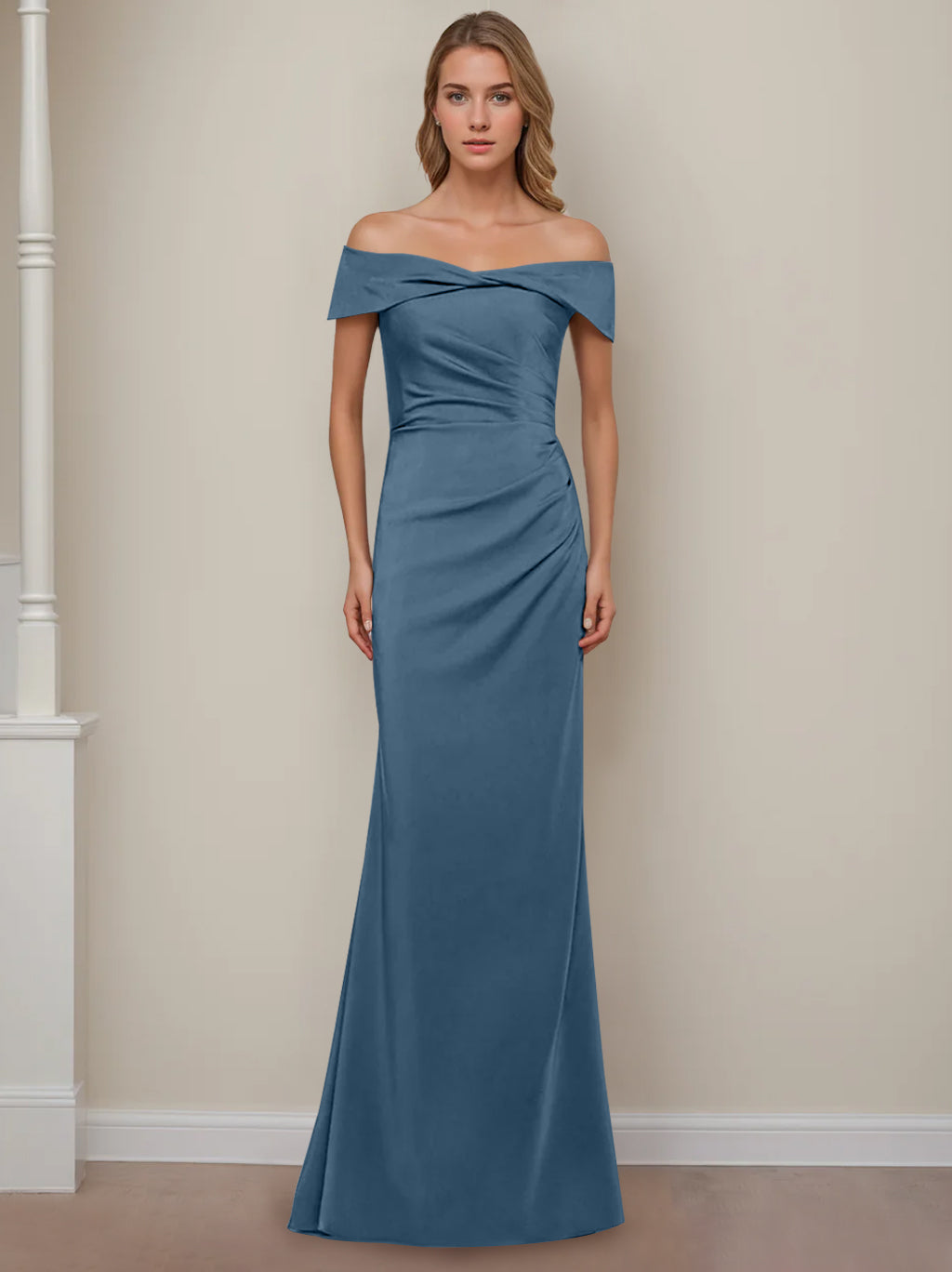 Off-the-Shoulder Short Sleeve Floor-Length Mother of the Bride Dress with Ruffles in Sheath/Column Style-BMbridal