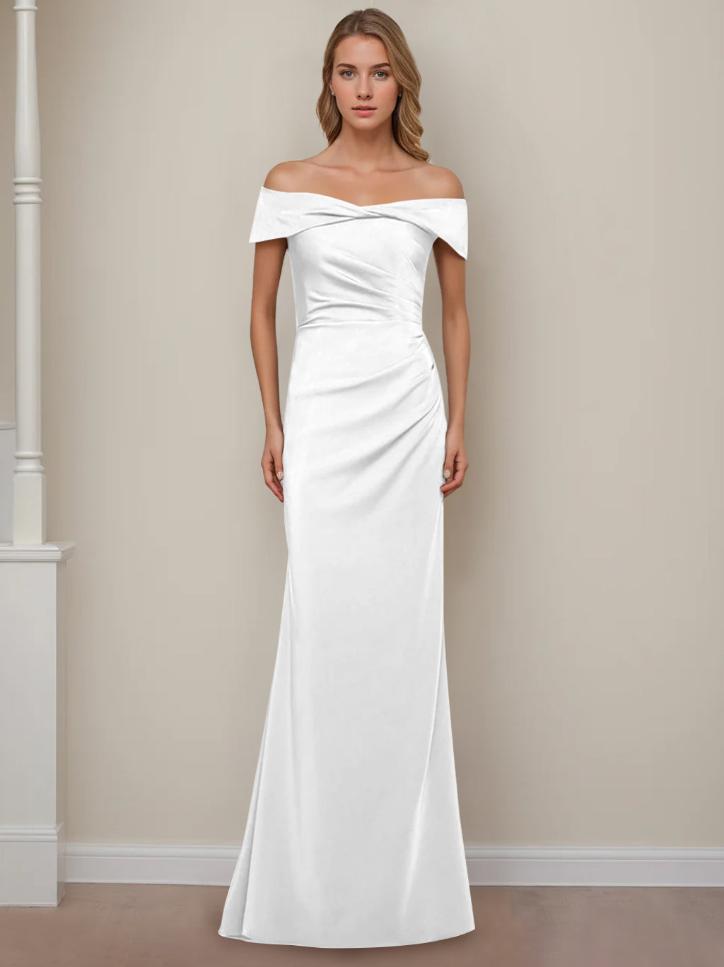 Off-the-Shoulder Short Sleeve Floor-Length Mother of the Bride Dress with Ruffles in Sheath/Column Style-BMbridal