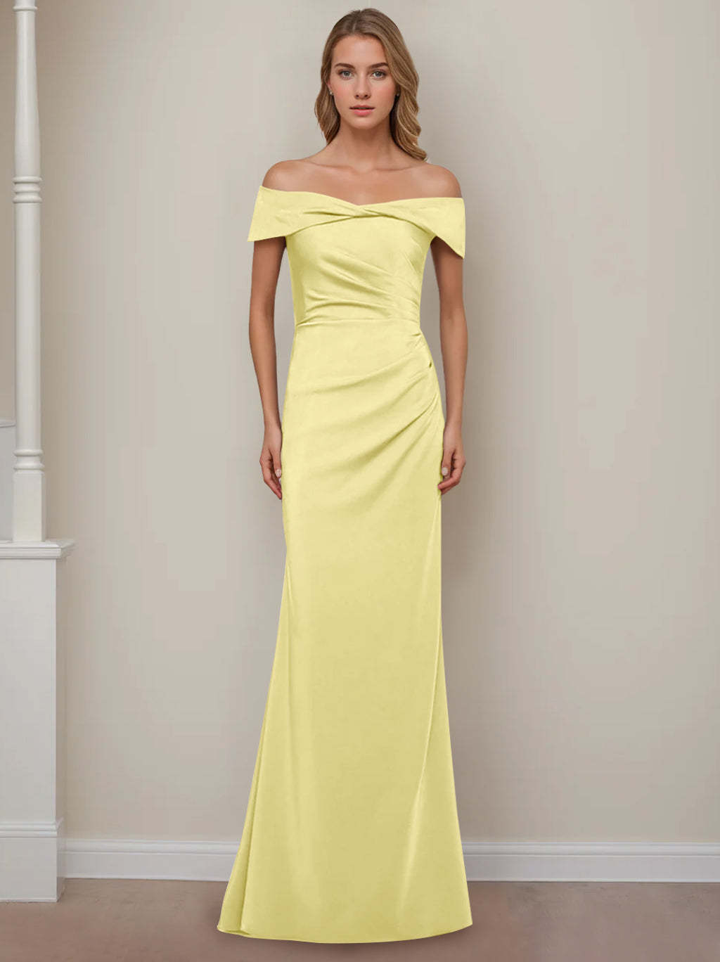 Off-the-Shoulder Short Sleeve Floor-Length Mother of the Bride Dress with Ruffles in Sheath/Column Style-BMbridal