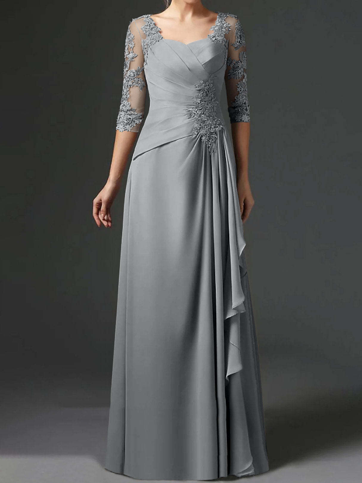 Floor-Length A-Line Princess Gown with Square Neck and Half Sleeves-BMbridal