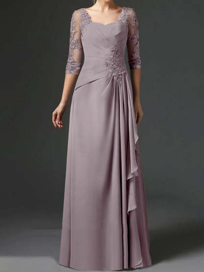 Floor-Length A-Line Princess Gown with Square Neck and Half Sleeves-BMbridal