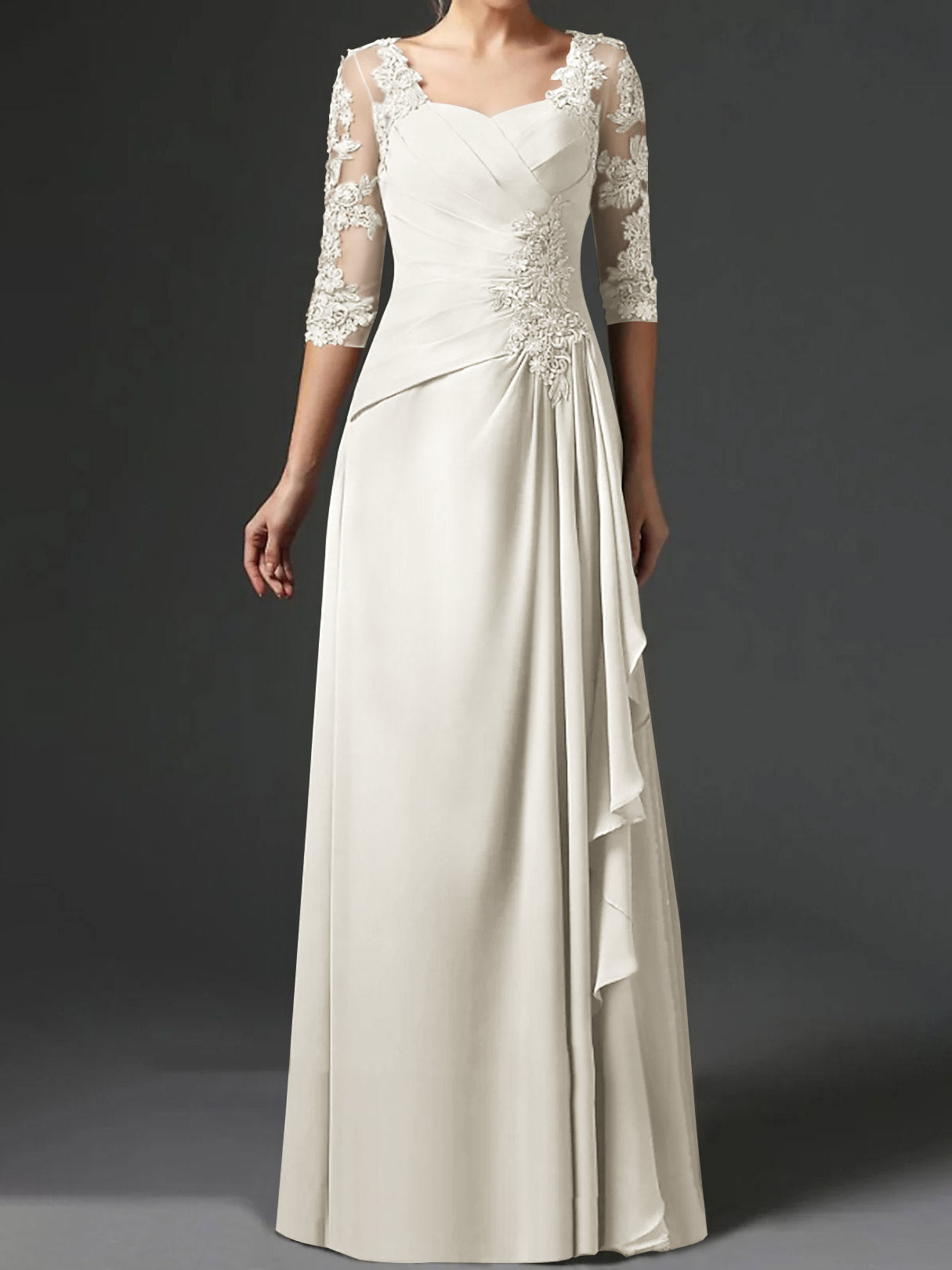 Floor-Length A-Line Princess Gown with Square Neck and Half Sleeves-BMbridal