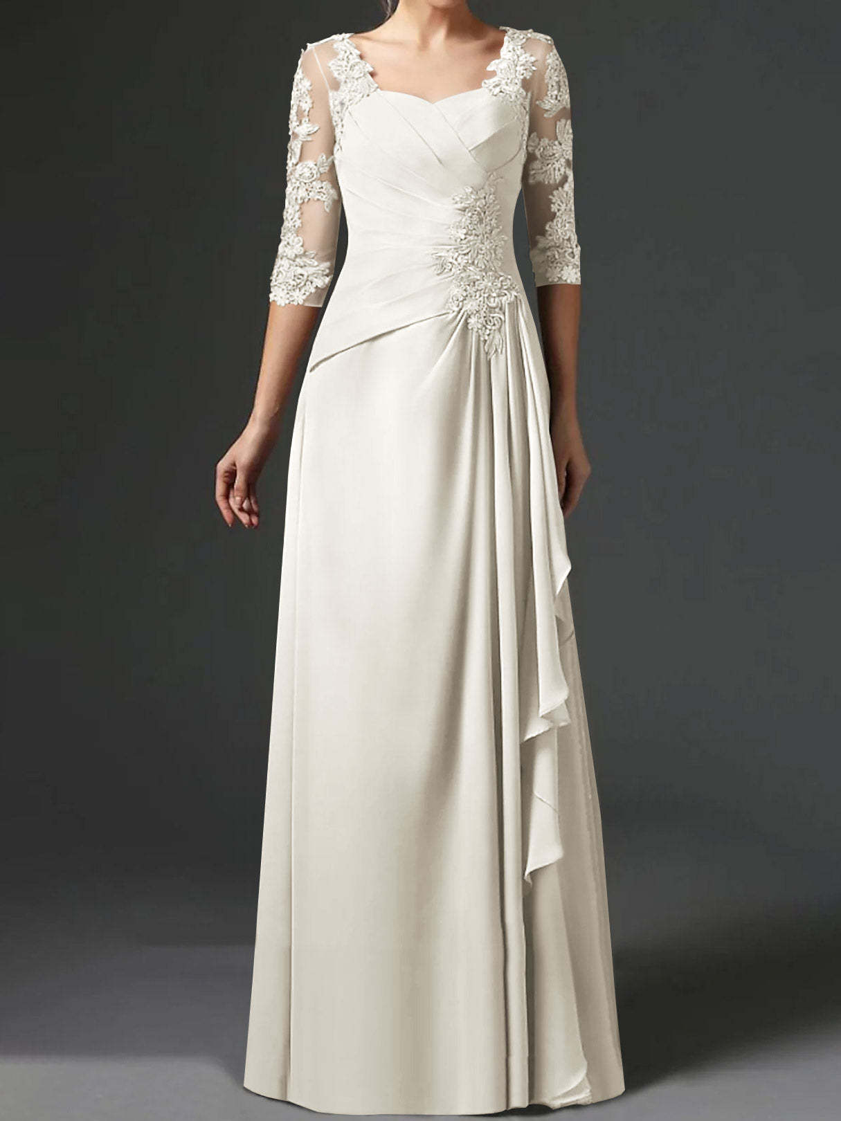 Floor-Length A-Line Princess Gown with Square Neck and Half Sleeves-BMbridal