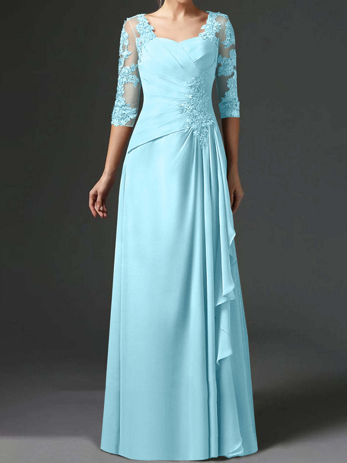 Floor-Length A-Line Princess Gown with Square Neck and Half Sleeves-BMbridal