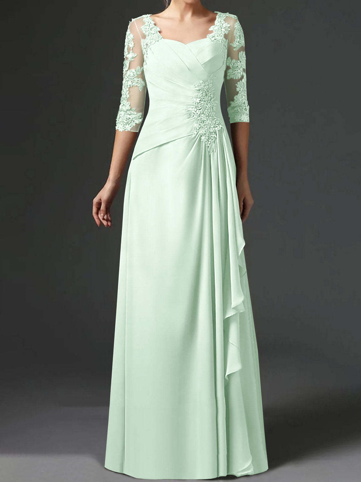 Floor-Length A-Line Princess Gown with Square Neck and Half Sleeves-BMbridal