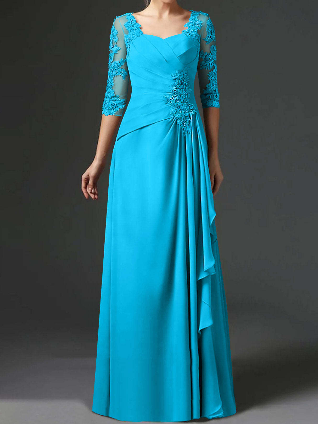 Floor-Length A-Line Princess Gown with Square Neck and Half Sleeves-BMbridal