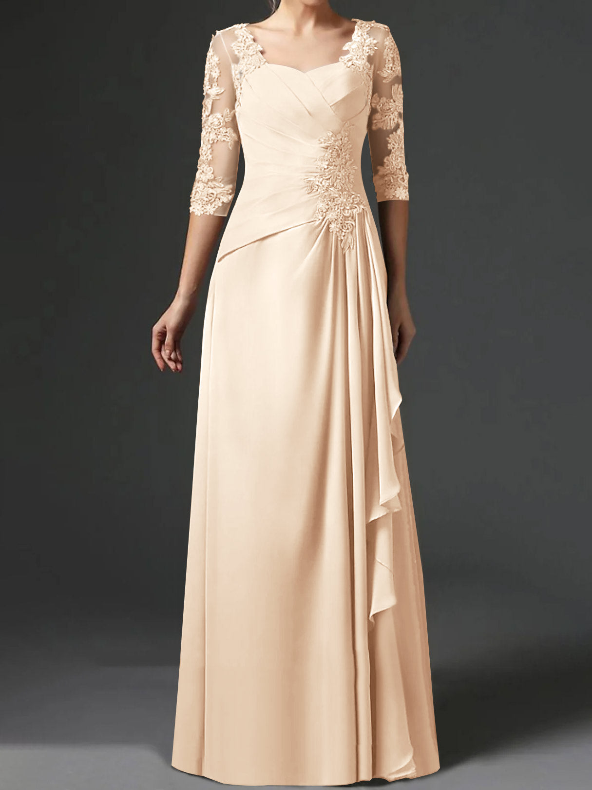 Floor-Length A-Line Princess Gown with Square Neck and Half Sleeves-BMbridal