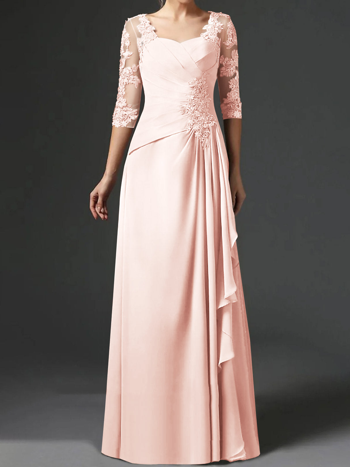 Floor-Length A-Line Princess Gown with Square Neck and Half Sleeves-BMbridal