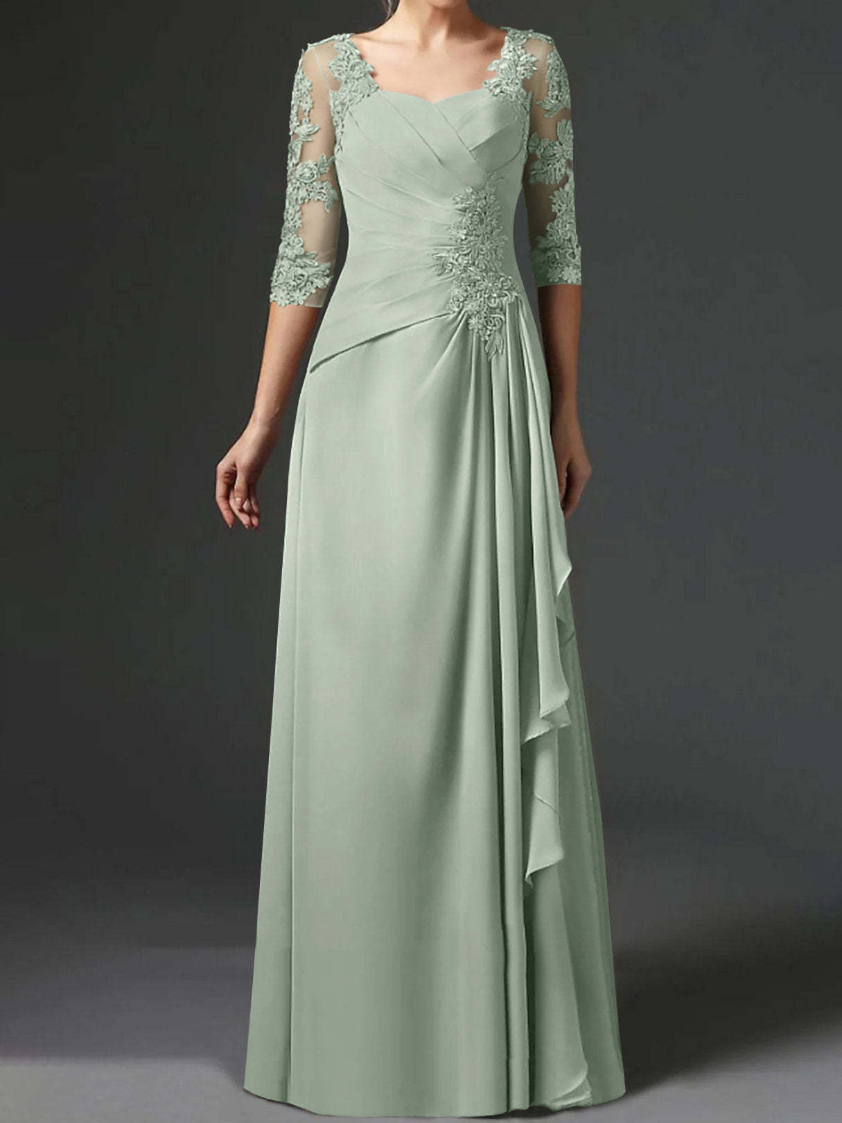 Floor-Length A-Line Princess Gown with Square Neck and Half Sleeves-BMbridal