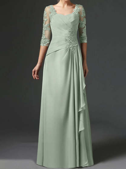 Floor-Length A-Line Princess Gown with Square Neck and Half Sleeves-BMbridal