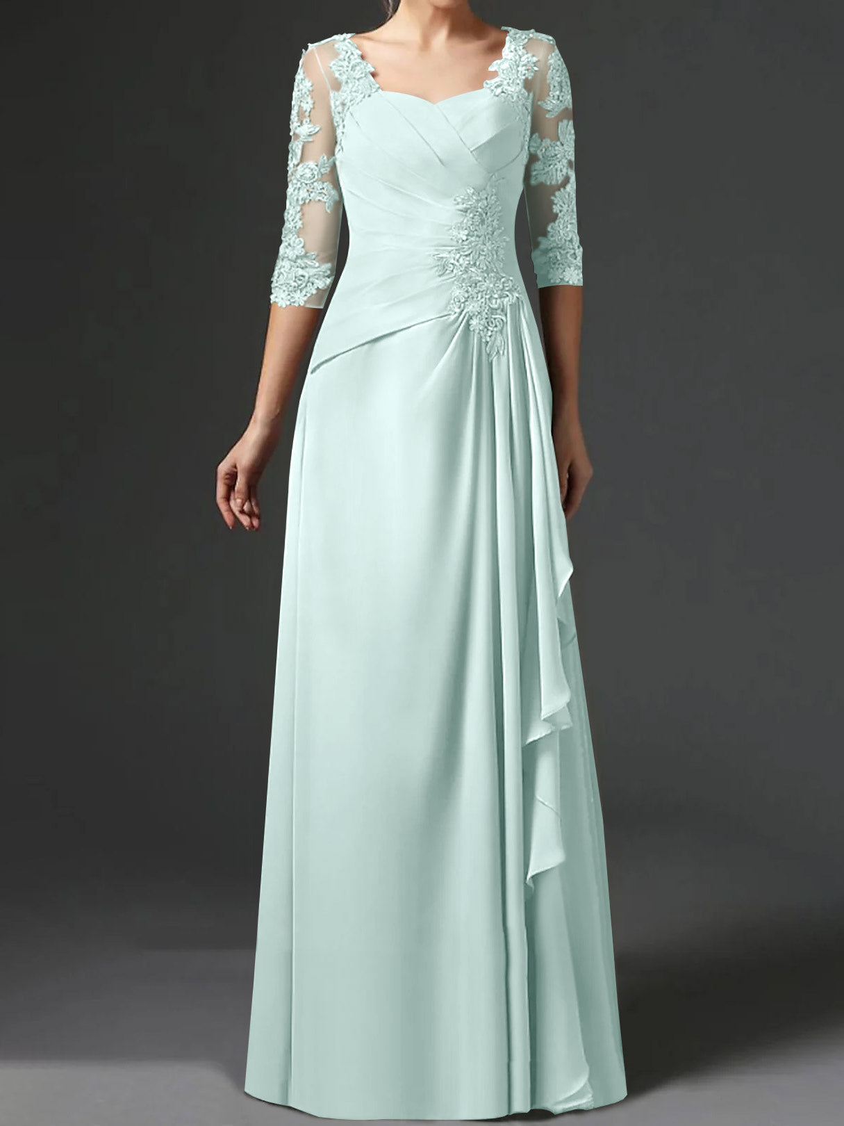 Floor-Length A-Line Princess Gown with Square Neck and Half Sleeves-BMbridal