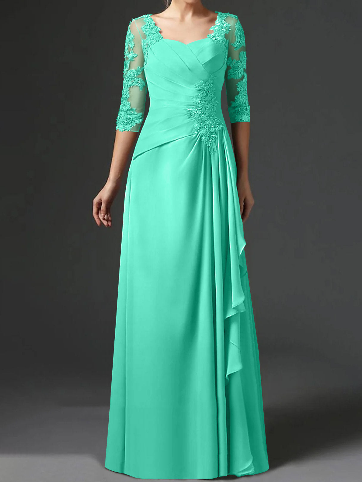 Floor-Length A-Line Princess Gown with Square Neck and Half Sleeves-BMbridal