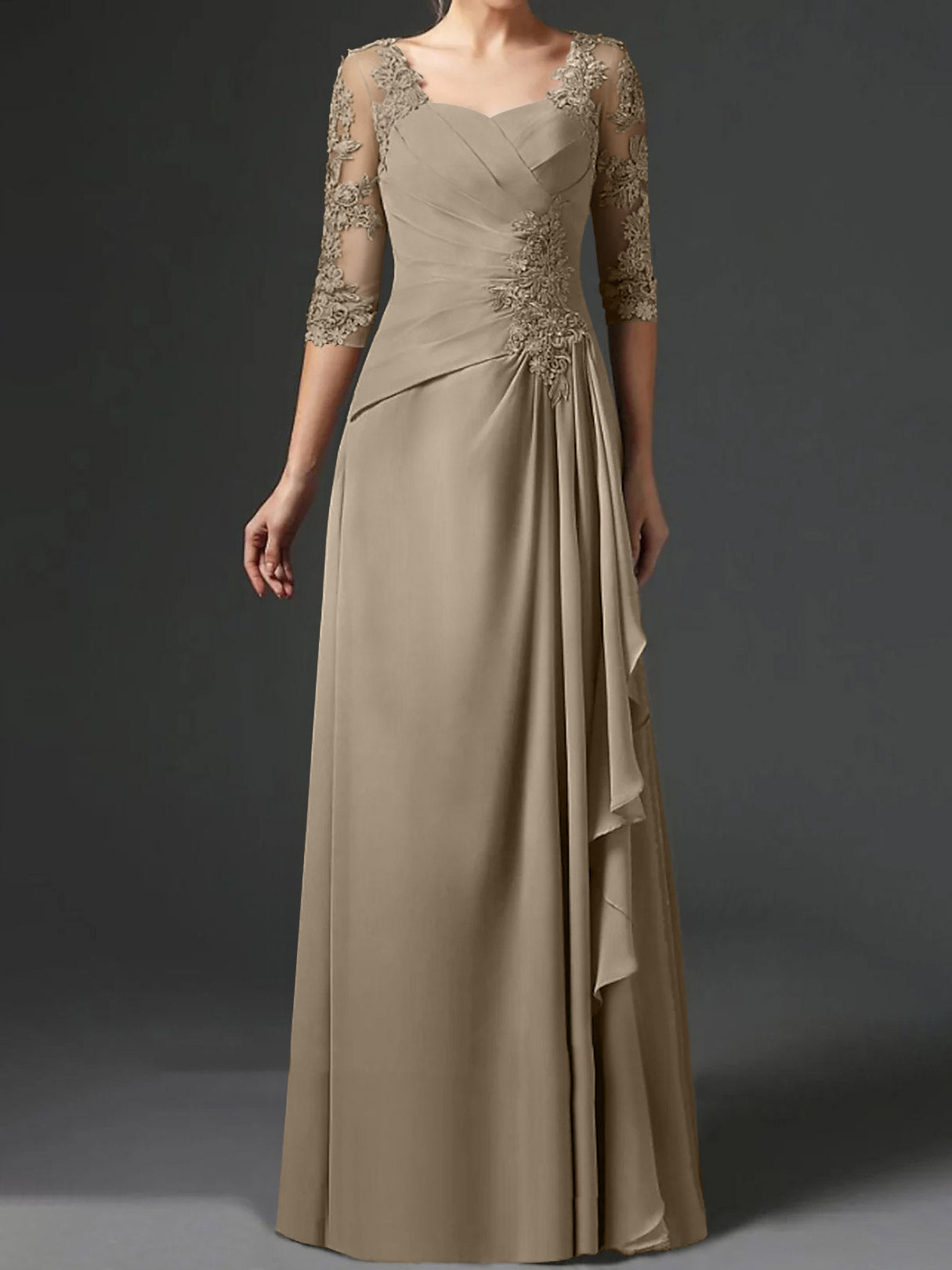 Floor-Length A-Line Princess Gown with Square Neck and Half Sleeves-BMbridal