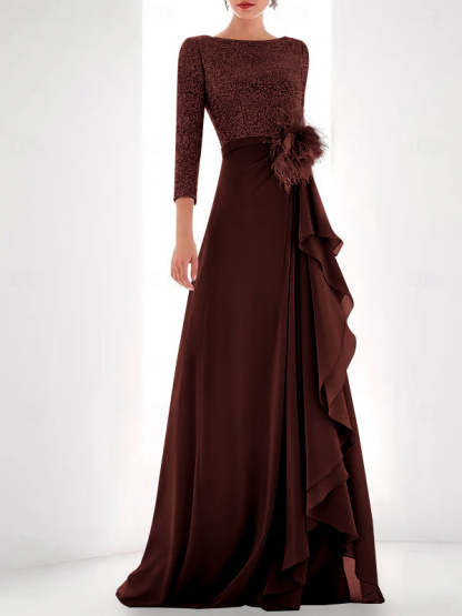 Asymmetrical A-Line Princess Jewel Neck Gown with Long Sleeves Sequin Feather and Pearl Details-BMbridal