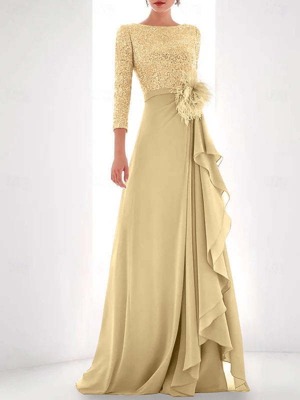 Asymmetrical A-Line Princess Jewel Neck Gown with Long Sleeves Sequin Feather and Pearl Details-BMbridal