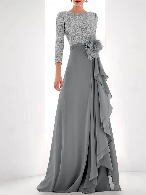 Asymmetrical A-Line Princess Jewel Neck Gown with Long Sleeves Sequin Feather and Pearl Details-BMbridal