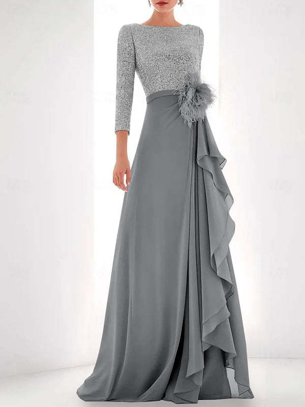 Asymmetrical A-Line Princess Jewel Neck Gown with Long Sleeves Sequin Feather and Pearl Details-BMbridal