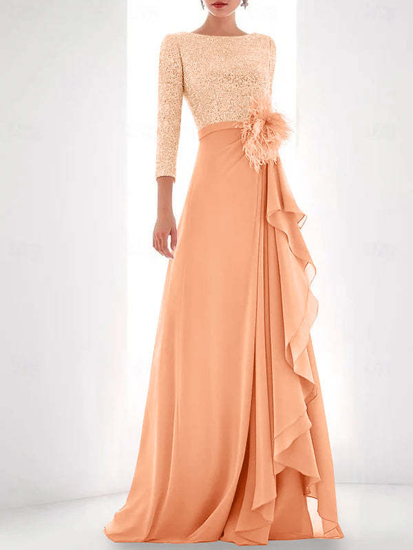 Asymmetrical A-Line Princess Jewel Neck Gown with Long Sleeves Sequin Feather and Pearl Details-BMbridal