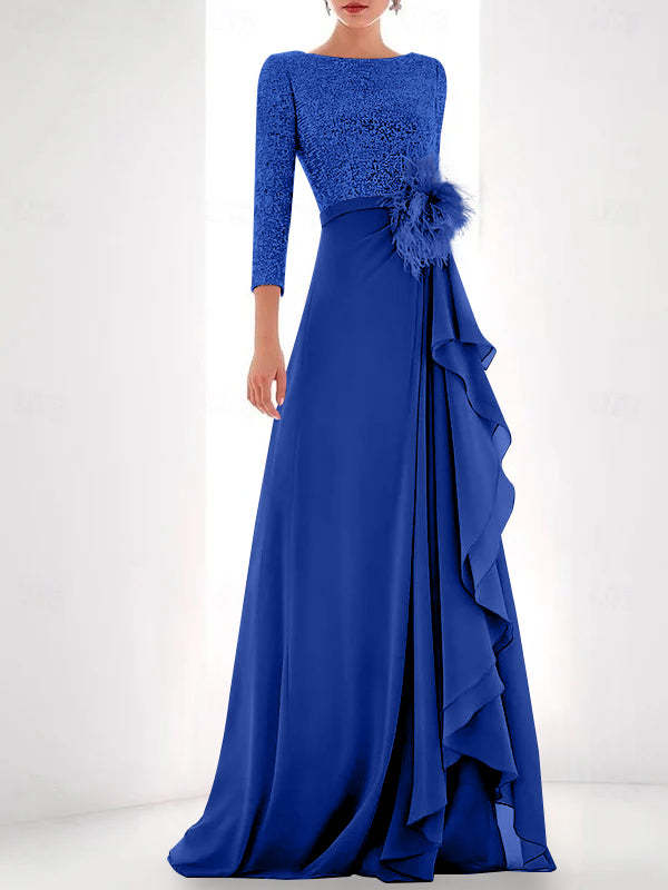 Asymmetrical A-Line Princess Jewel Neck Gown with Long Sleeves Sequin Feather and Pearl Details-BMbridal