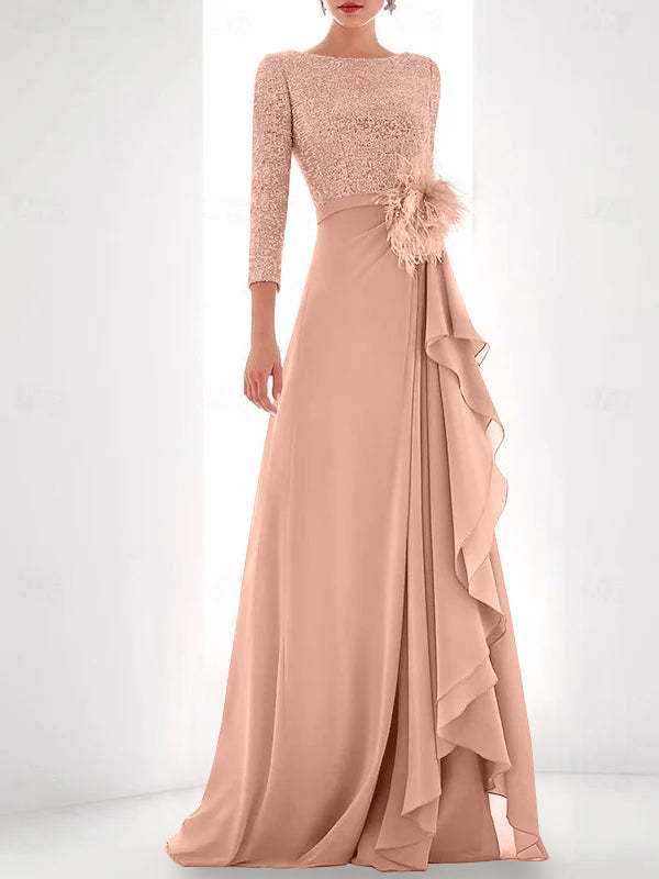 Asymmetrical A-Line Princess Jewel Neck Gown with Long Sleeves Sequin Feather and Pearl Details-BMbridal