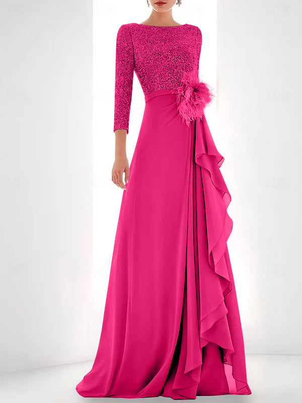 Asymmetrical A-Line Princess Jewel Neck Gown with Long Sleeves Sequin Feather and Pearl Details-BMbridal