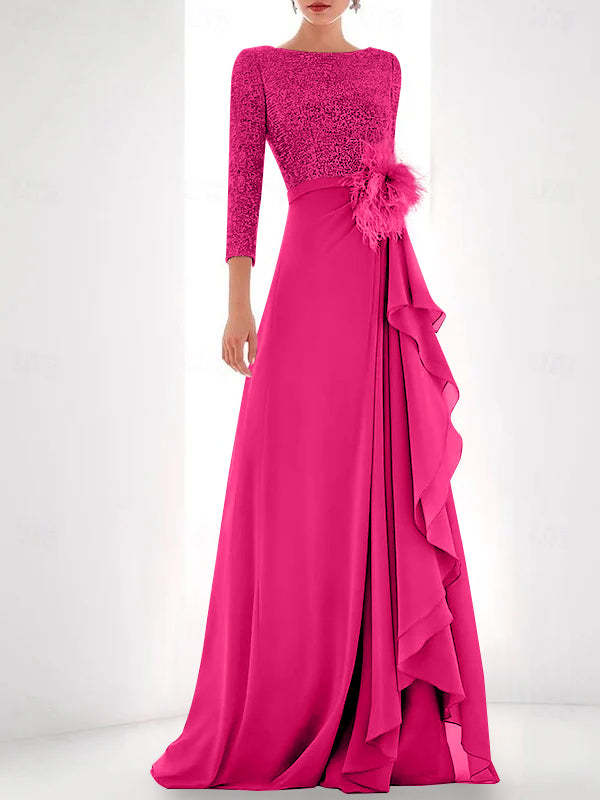 Asymmetrical A-Line Princess Jewel Neck Gown with Long Sleeves Sequin Feather and Pearl Details-BMbridal