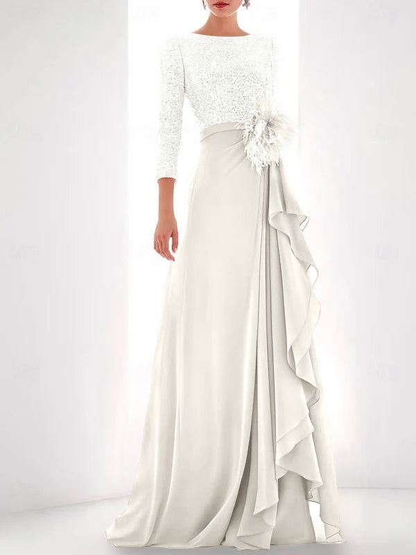 Asymmetrical A-Line Princess Jewel Neck Gown with Long Sleeves Sequin Feather and Pearl Details-BMbridal