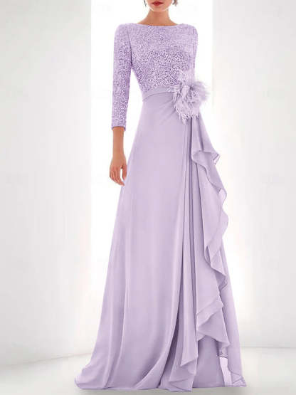 Asymmetrical A-Line Princess Jewel Neck Gown with Long Sleeves Sequin Feather and Pearl Details-BMbridal