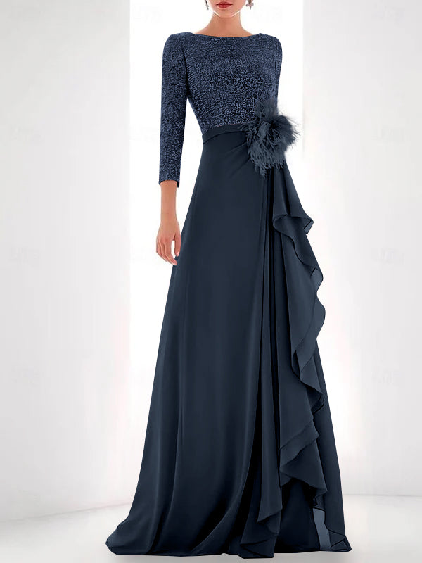 Asymmetrical A-Line Princess Jewel Neck Gown with Long Sleeves Sequin Feather and Pearl Details-BMbridal