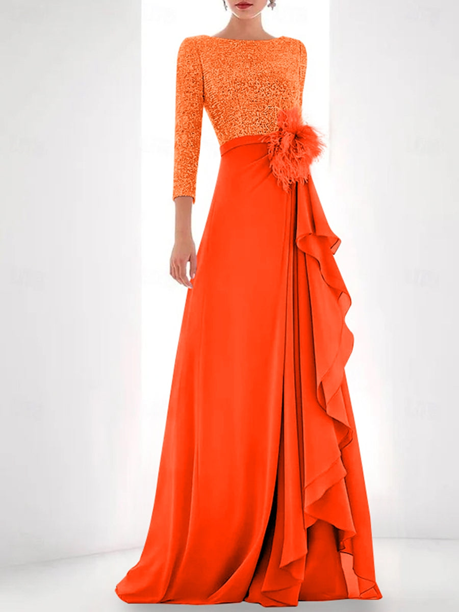 Asymmetrical A-Line Princess Jewel Neck Gown with Long Sleeves Sequin Feather and Pearl Details-BMbridal