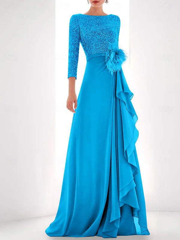 Asymmetrical A-Line Princess Jewel Neck Gown with Long Sleeves Sequin Feather and Pearl Details-BMbridal