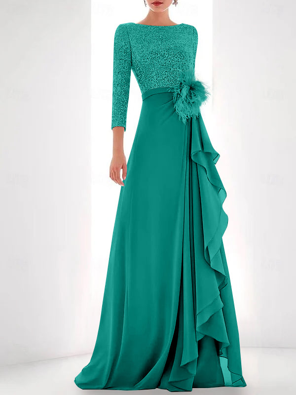 Asymmetrical A-Line Princess Jewel Neck Gown with Long Sleeves Sequin Feather and Pearl Details-BMbridal