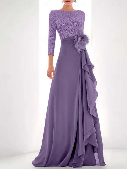 Asymmetrical A-Line Princess Jewel Neck Gown with Long Sleeves Sequin Feather and Pearl Details-BMbridal