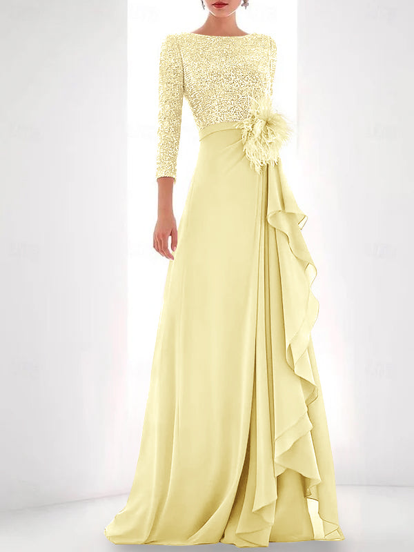 Asymmetrical A-Line Princess Jewel Neck Gown with Long Sleeves Sequin Feather and Pearl Details-BMbridal
