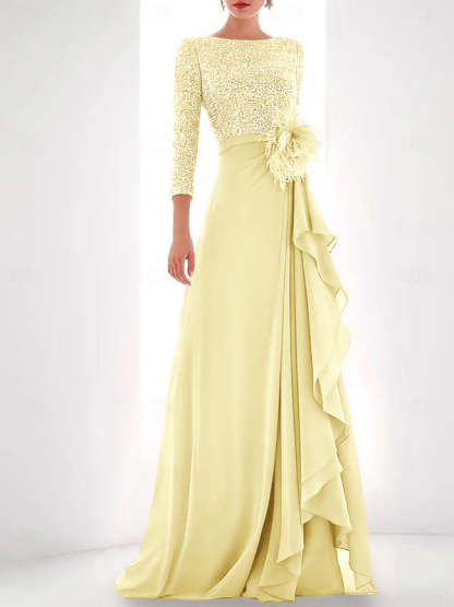 Asymmetrical A-Line Princess Jewel Neck Gown with Long Sleeves Sequin Feather and Pearl Details-BMbridal