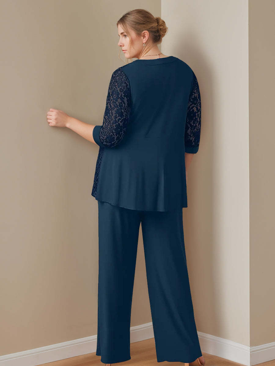 Plus Size 3-Piece Chiffon Pantsuit with Scoop Neck 3/4 Sleeves and Floor-Length Jacket Featuring Pockets