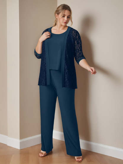 Plus Size 3-Piece Chiffon Pantsuit with Scoop Neck 3/4 Sleeves and Floor-Length Jacket Featuring Pockets