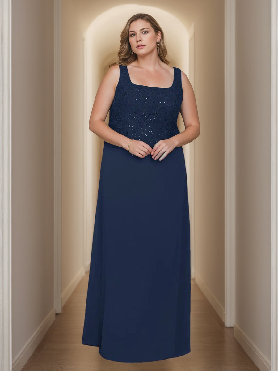 2-Piece Square Neck 3/4 Sleeve Floor-Length Mother of the Bride Dress Set with Jacket Lace & Sequins