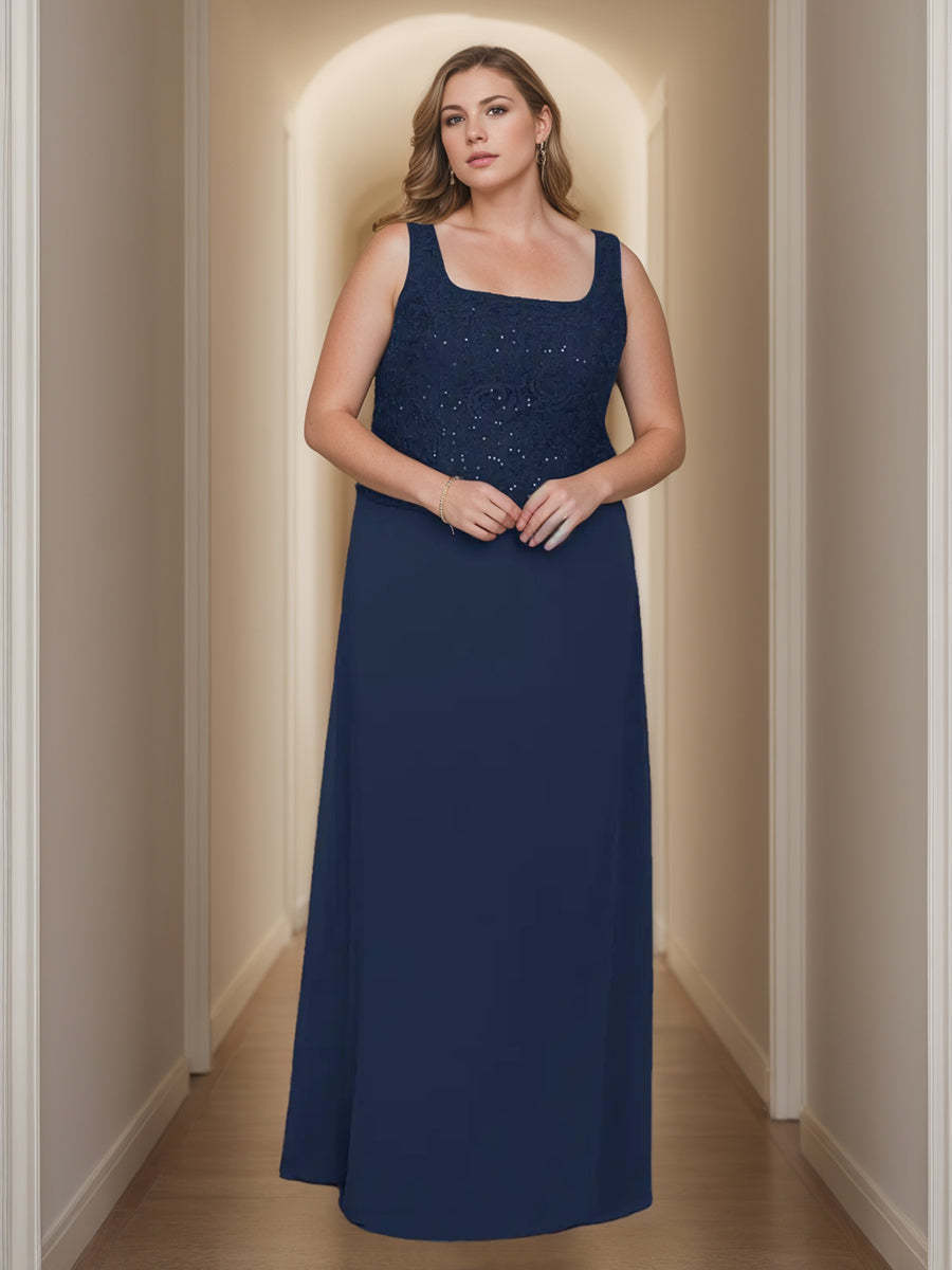 2-Piece Square Neck 3/4 Sleeve Floor-Length Mother of the Bride Dress Set with Jacket Lace & Sequins