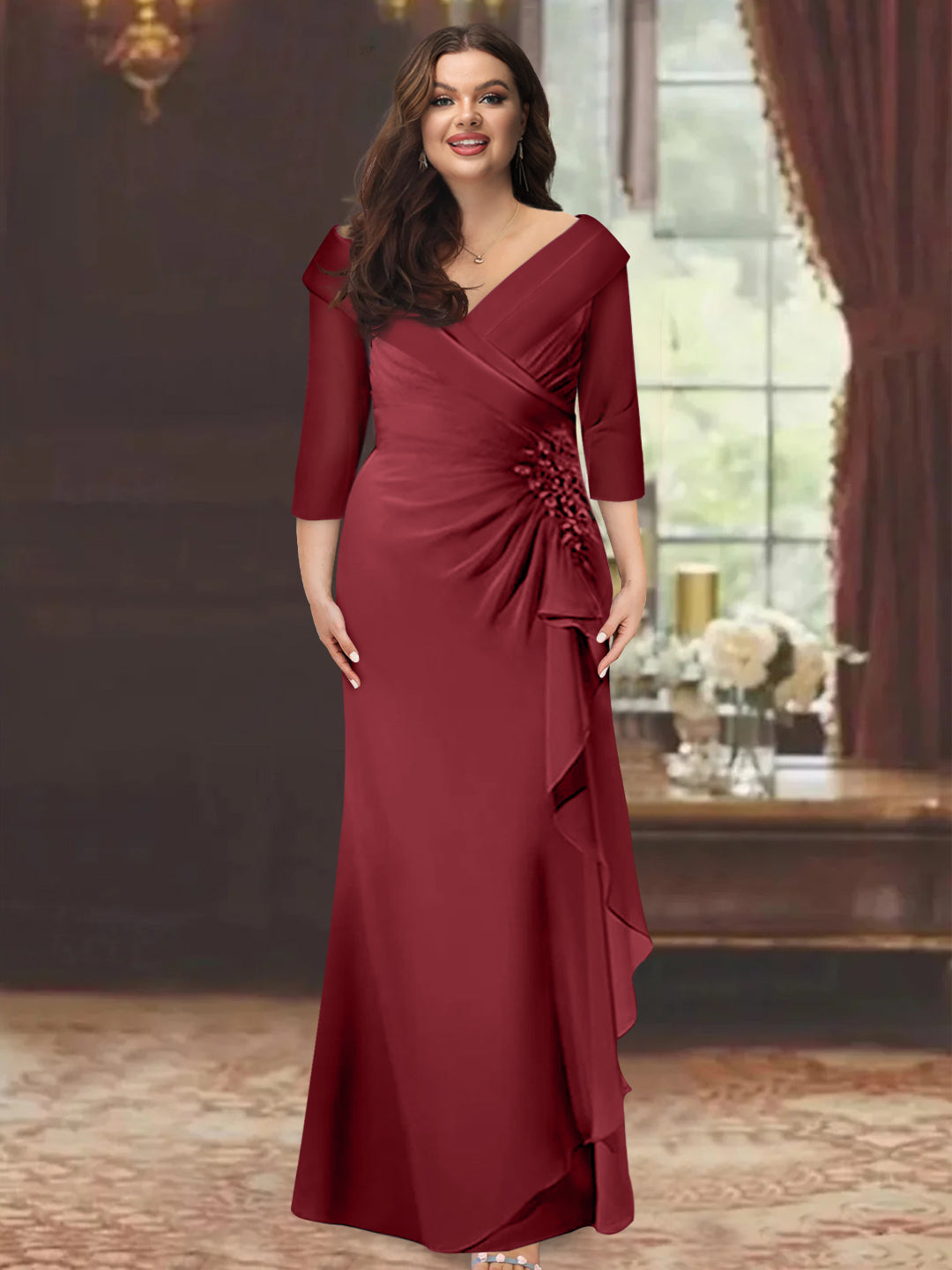 Plus Size Floor-Length V-Neck Sheath Mother of the Bride Dress with Ruffles and Appliques-BMbridal