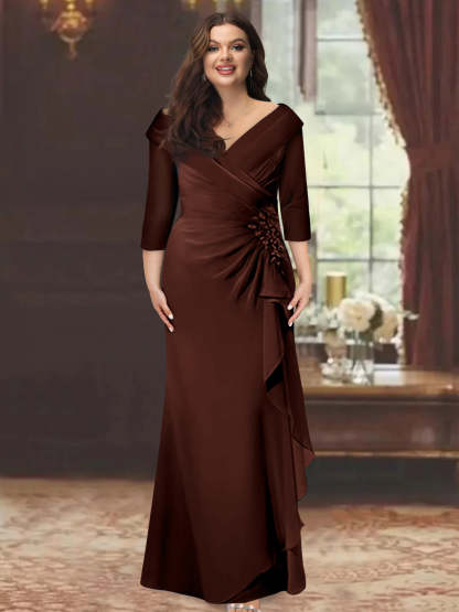 Plus Size Floor-Length V-Neck Sheath Mother of the Bride Dress with Ruffles and Appliques-BMbridal