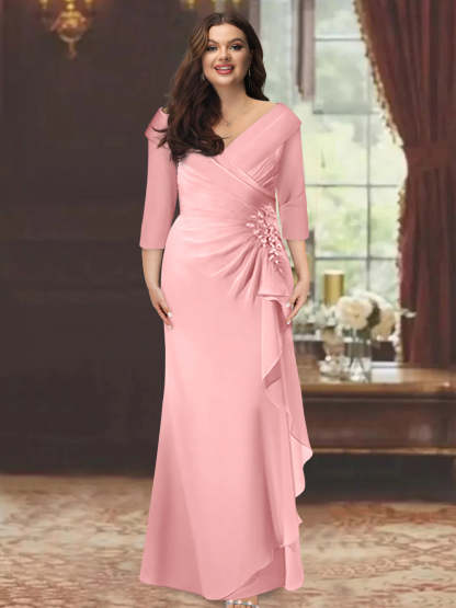 Plus Size Floor-Length V-Neck Sheath Mother of the Bride Dress with Ruffles and Appliques-BMbridal
