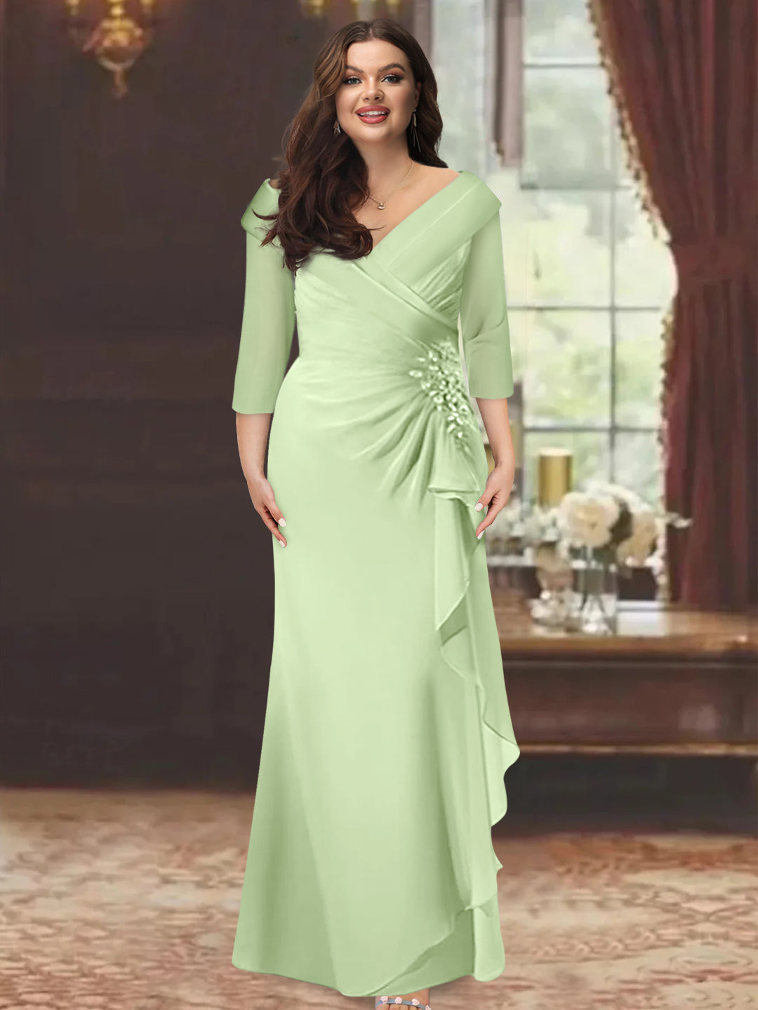 Plus Size Floor-Length V-Neck Sheath Mother of the Bride Dress with Ruffles and Appliques-BMbridal