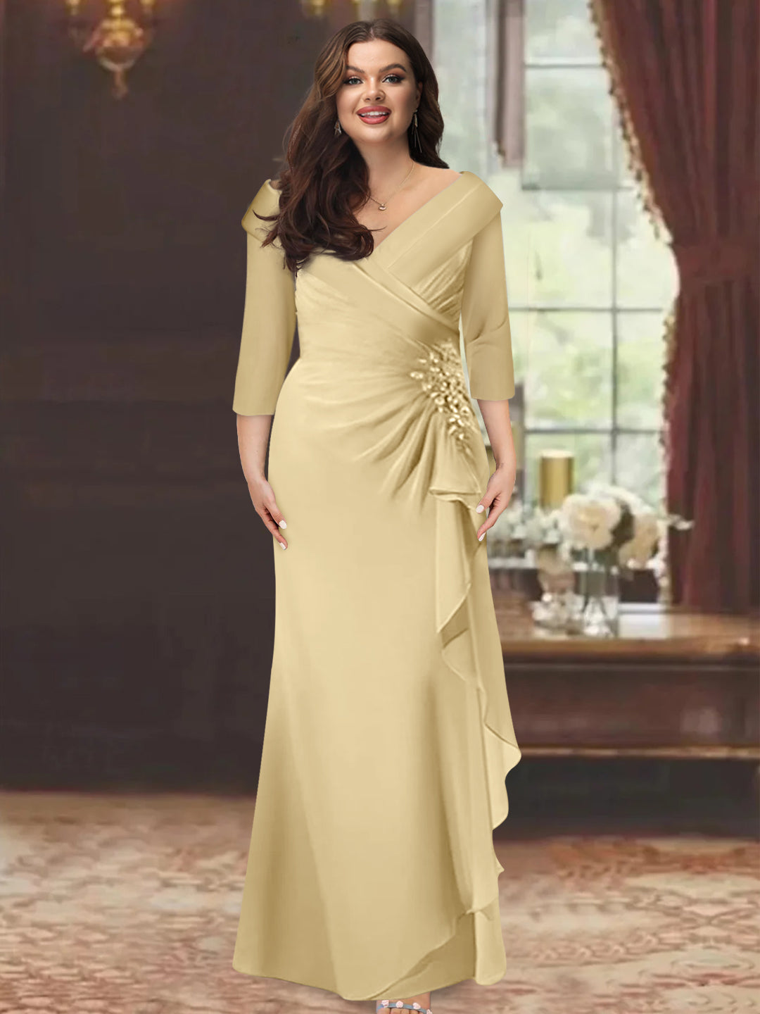 Plus Size Floor-Length V-Neck Sheath Mother of the Bride Dress with Ruffles and Appliques-BMbridal