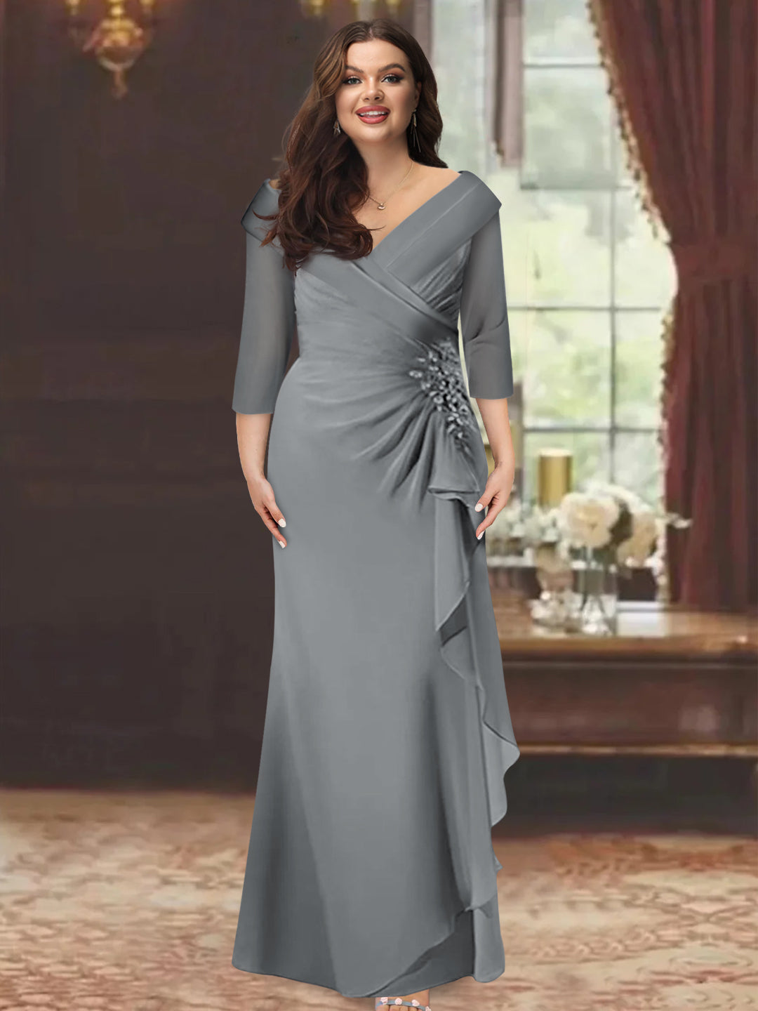 Plus Size Floor-Length V-Neck Sheath Mother of the Bride Dress with Ruffles and Appliques-BMbridal