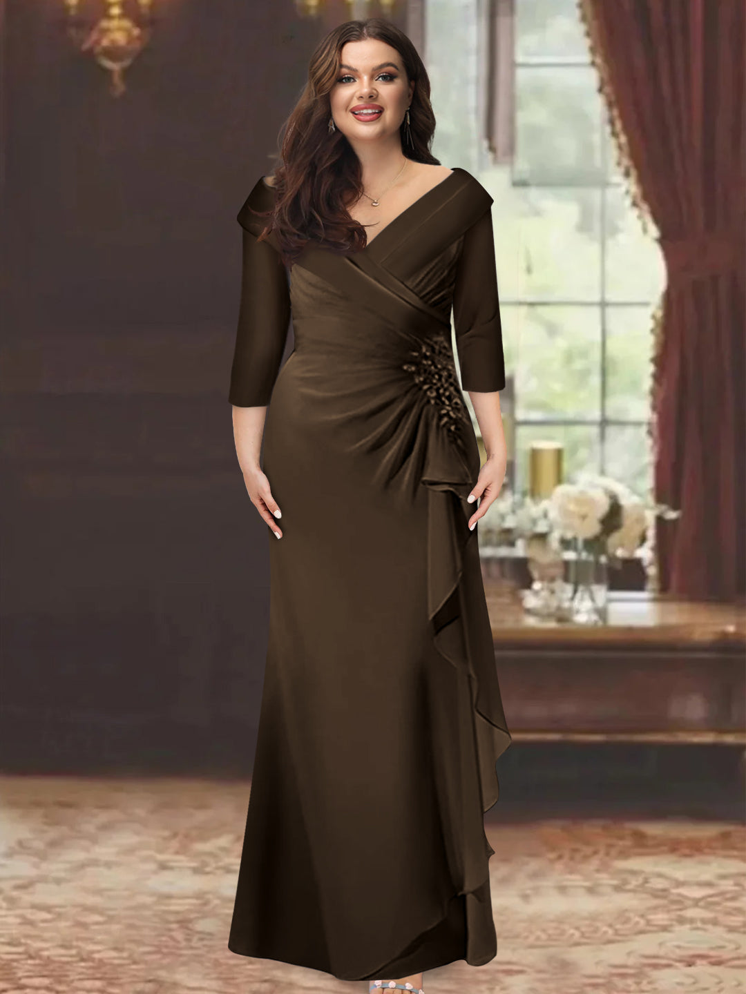 Plus Size Floor-Length V-Neck Sheath Mother of the Bride Dress with Ruffles and Appliques-BMbridal