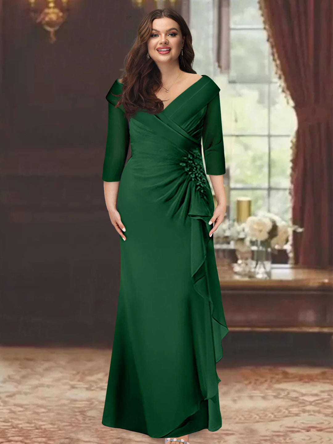 Plus Size Floor-Length V-Neck Sheath Mother of the Bride Dress with Ruffles and Appliques-BMbridal